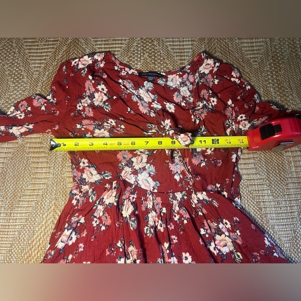 American Eagle Women's Red Floral Long Sleeve Front Tie & Cut Out Blouse,Size S - Picture 9 of 11